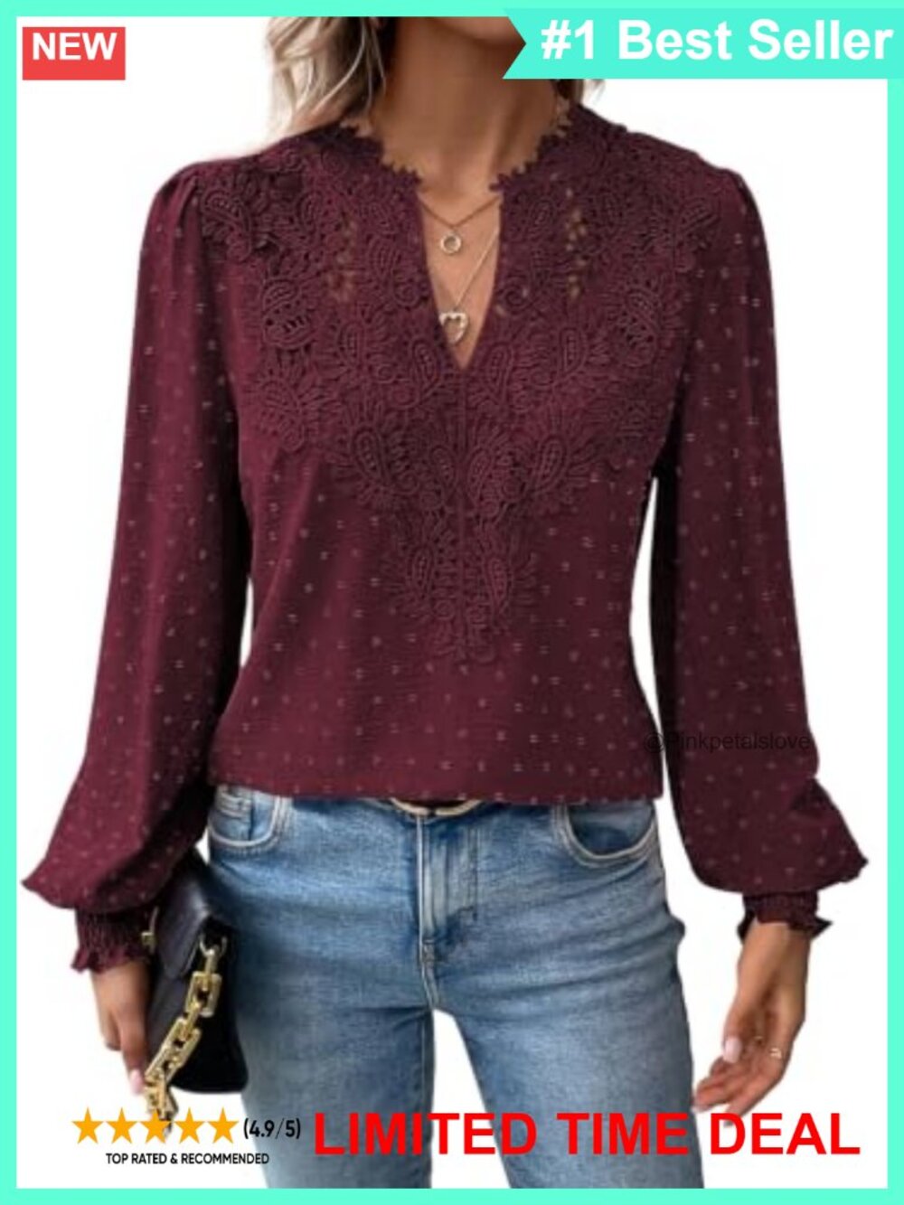 Falechay Long Sleeve Boho Lace Floral V Neck Blouse for Women